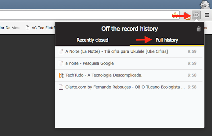Histórico do modo anônimo do Google Chrome visualizado através da extensão Off The Record (Foto: Reprodução/Marvin Costa)