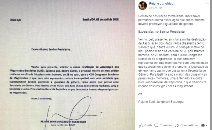 Publicação nas redes sociais da juíza mostra pedido de desfiliação da AMB (Foto: Facebook/Reprodução)