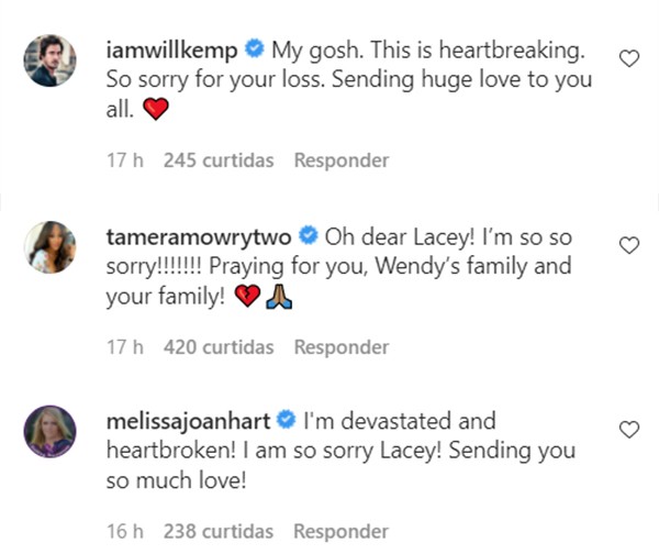 Os atores Will Kemp, Tamera Mowry e Melissa Joan Hart, enviaram mensagens de apoio a Lacey Chabert (Foto: Reprodução / Instagram)