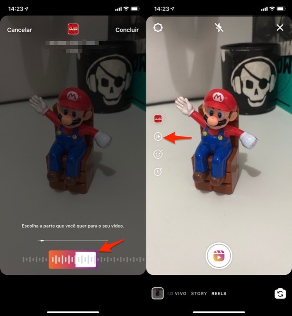 Ação para definir qual trecho de uma música usar no Instagram Reels — Foto: Reprodução/Marvin Costa