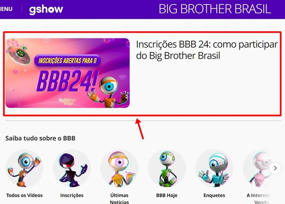 Inscrição no BBB 24 é feita após interessado clicar no banner localizado no Gshow — Foto: Reprodução/Gabriela Andrade