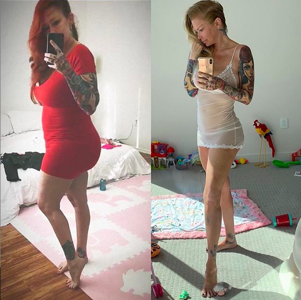 Uma montagem compartilhada pela ex-atriz pornô Jenna Jameson mostrando o corpo dela antes e depois de seu regime (Foto: Instagram)