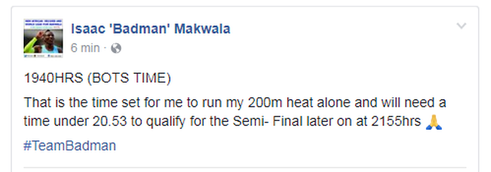 Isaac Makwala mundial atletismo 200m londres eliminatória (Foto: Reprodução/Facebook)