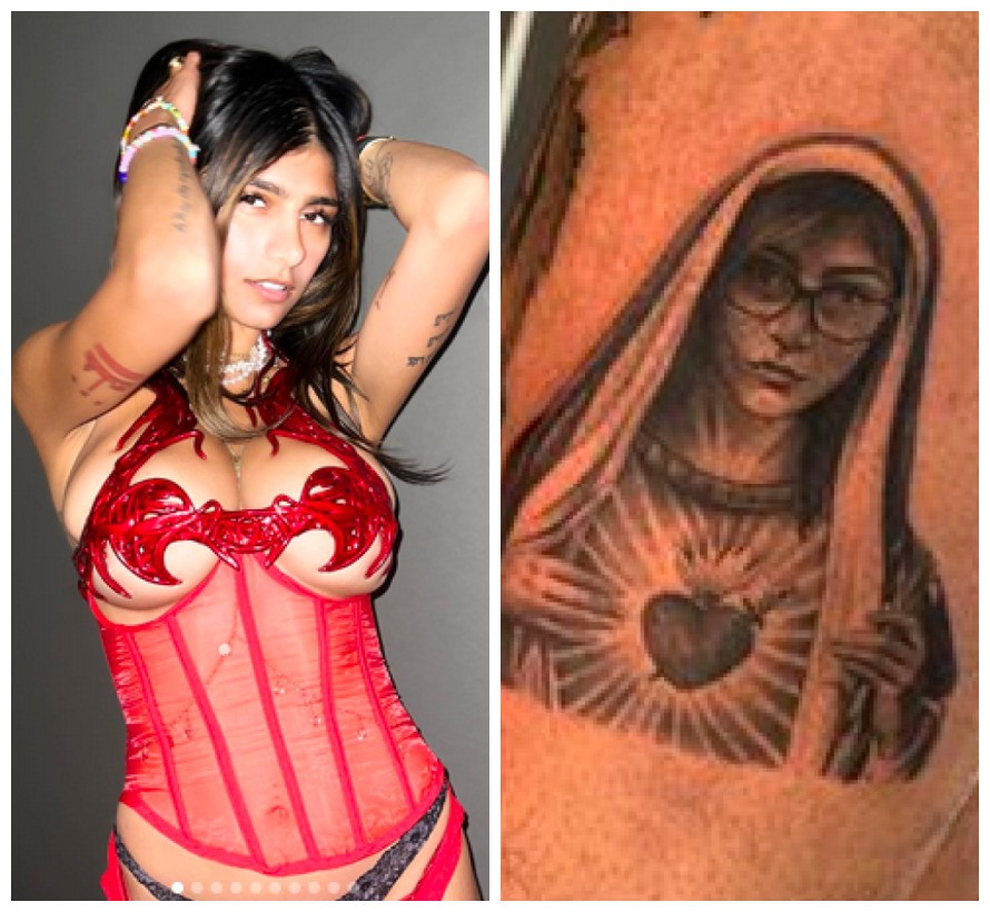 A influencer e ex-atriz pornô Mia Khalifa teve seu rosto mesclado ao corpo de Jesus Cristo em tatuagem de fã (Foto: Instagram)