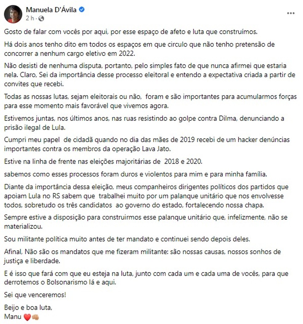 Texto de Manuela D'Ávila descartando possibilidade de concorrer nas eleições de 2022 — Foto: Reprodução/Facebook