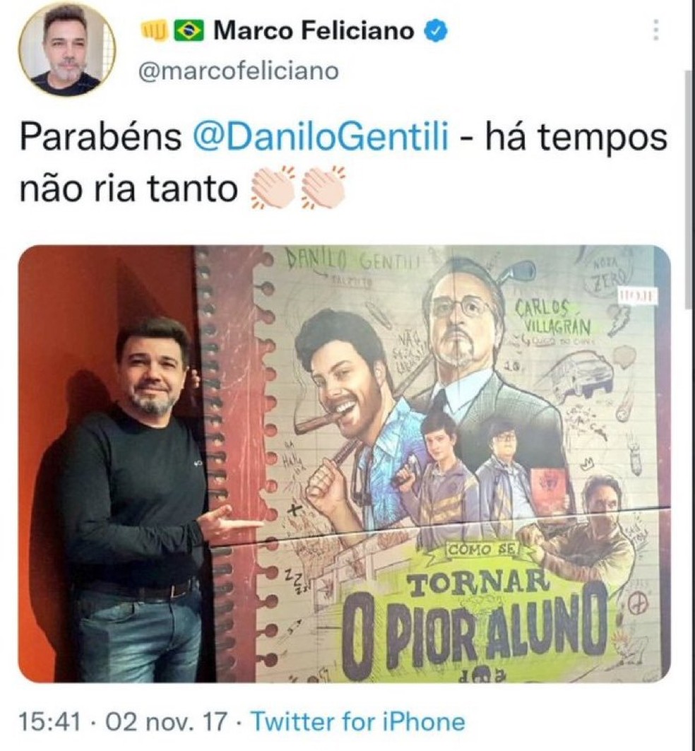 Em postagem de 2017, deputado Marco Feliciano (PL-SP) elogia o filme 'Como se tornar o pior aluno da sala' — Foto: Reprodução/Twitter
