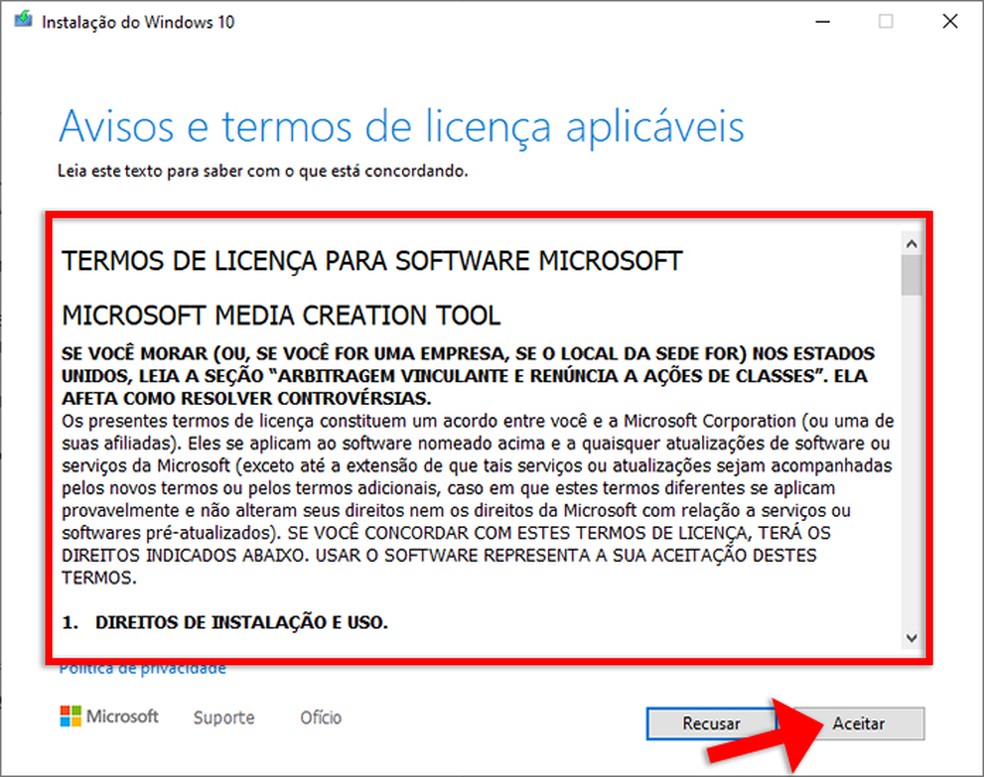 Termos de licença mostrados pela ferramenta de criação de mídia do Windows 10 — Foto: Reprodução/Rafael Leite