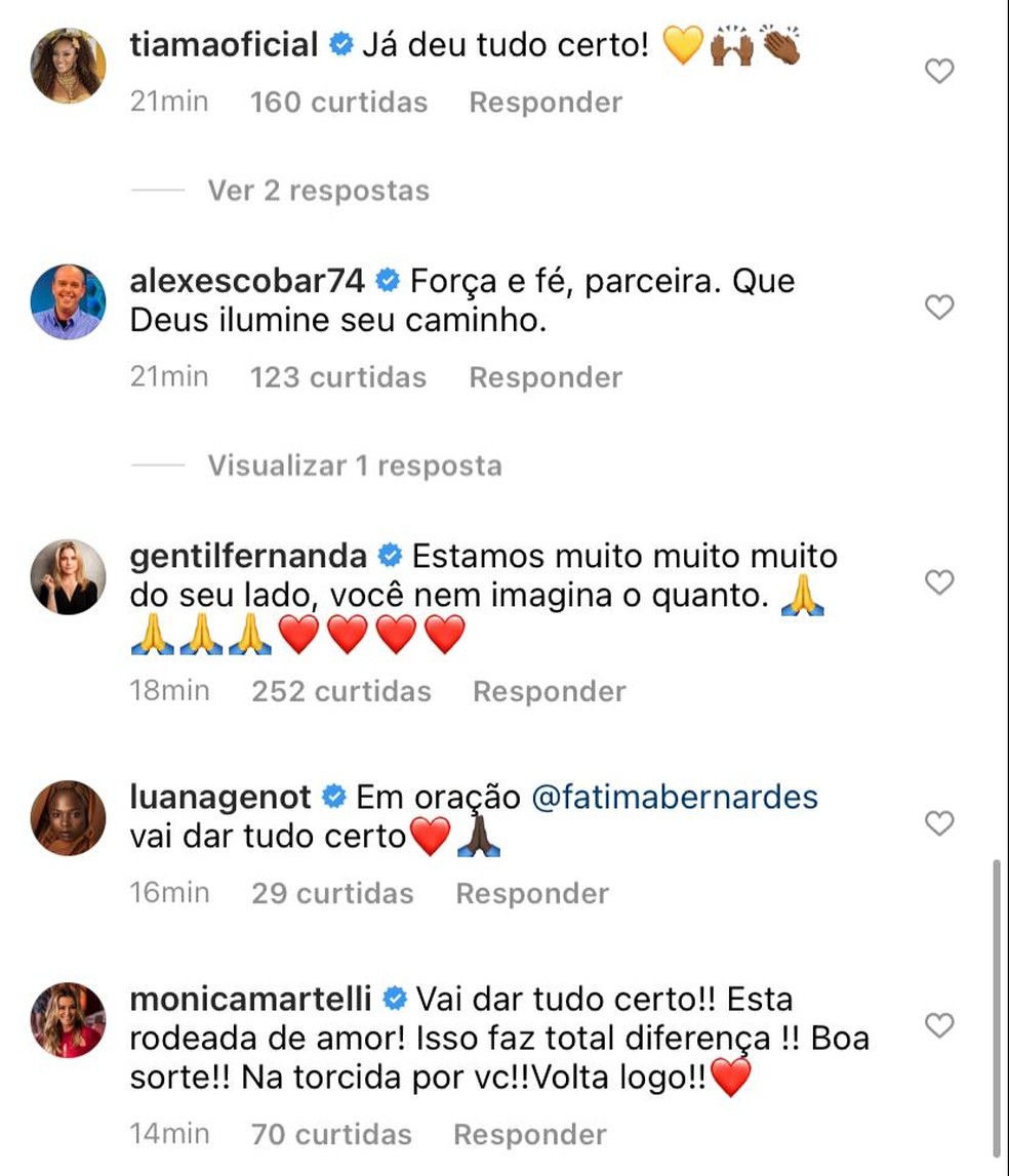 Fátima recebe apoio dos amigos famosos — Foto: Reprodução/Instagram