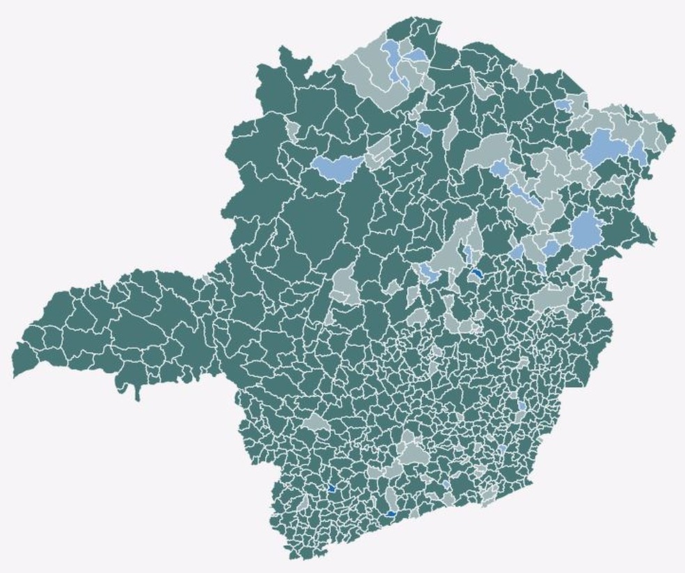 Mapa de Minas Gerais com as votações de Romeu Zema (verde) e Antonio Anastasia (azul) no 2º turno — Foto: Arte/G1