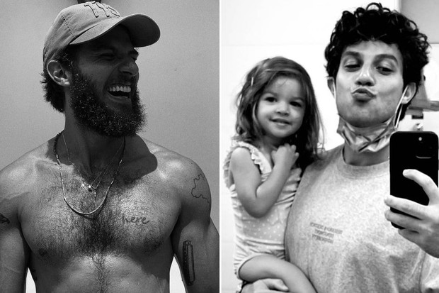 Chay Suede antes e depois, sem barba, com a filha no colo (Foto: Reprodução/Instagram)