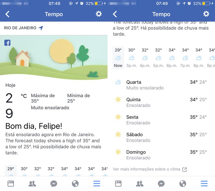 Como configurar e ver a previsão do tempo no Facebook de celular (Foto: Reprodução/Felipe Vinha)