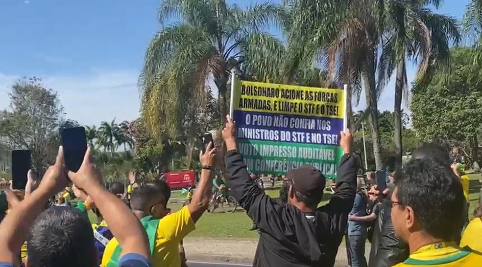 Manifestante exibe faixa em ato pró-Bolsonaro  — Foto: Leslie Leitão/TV Globo 