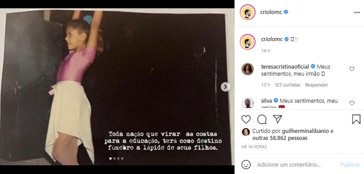 Criolo posta após a morte da irmã mais nova, Cleane Gomes, vítima da Covid-19 (Foto: Reprodução/Instagram)
