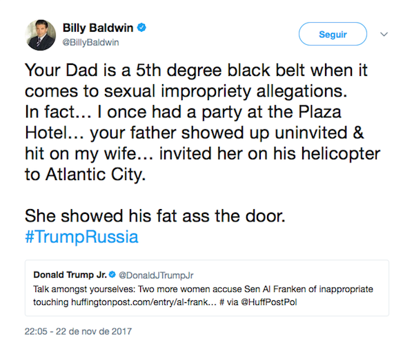 A acusação de assédio feita por William Baldwin contra Donald Trump (Foto: Twitter)