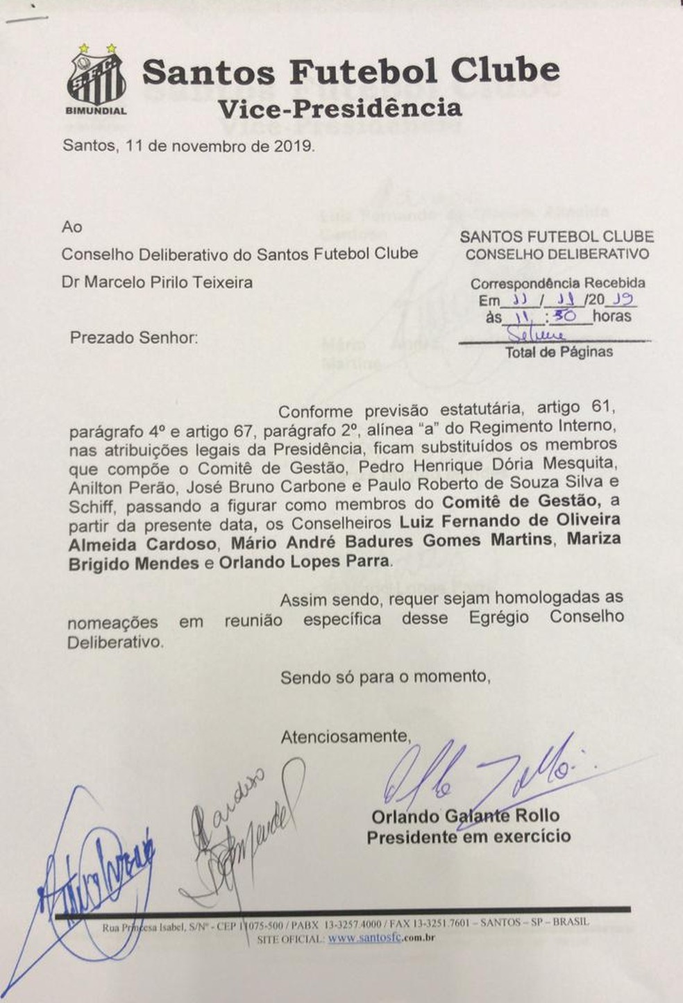Documento assinado por Rollo nesta segunda em que determina trocas no Comitê de Gestão — Foto: Divulgação