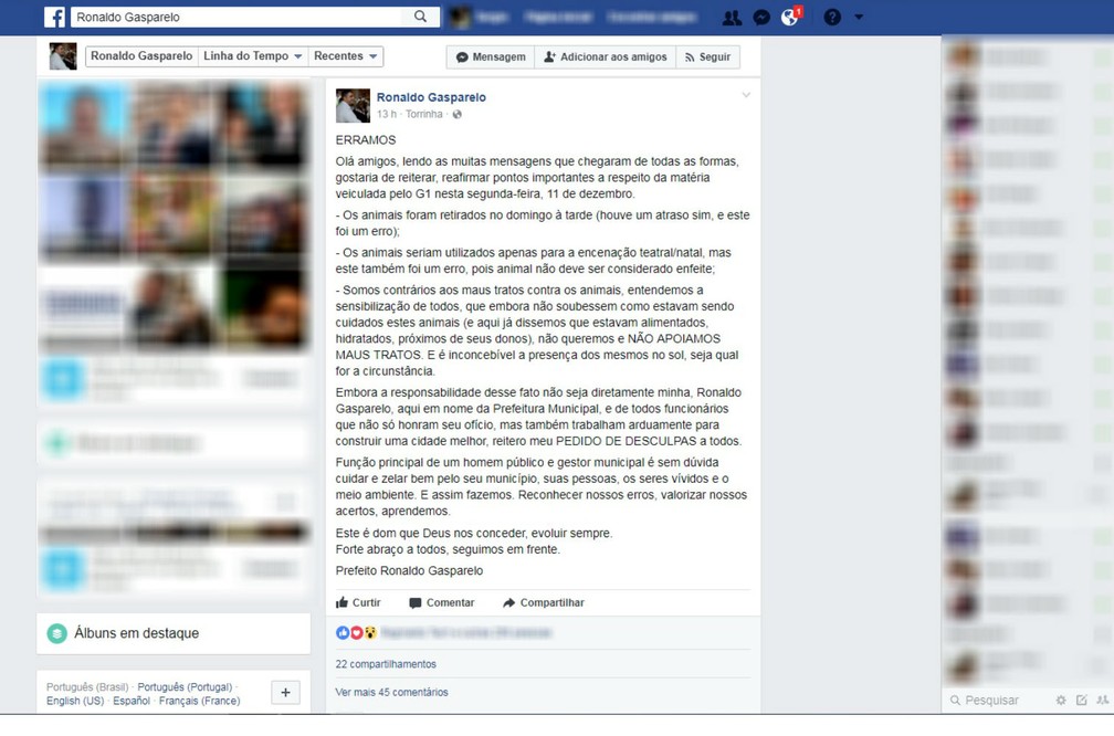 Ronaldo Gasparelo, prefeito de Torrinha, usou sua conta em uma rede social para se desculpar com a população (Foto: Facebook/Reprodução)