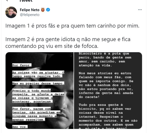 Felipe Neto posta desabafo (Foto: Reprodução/Twitter)