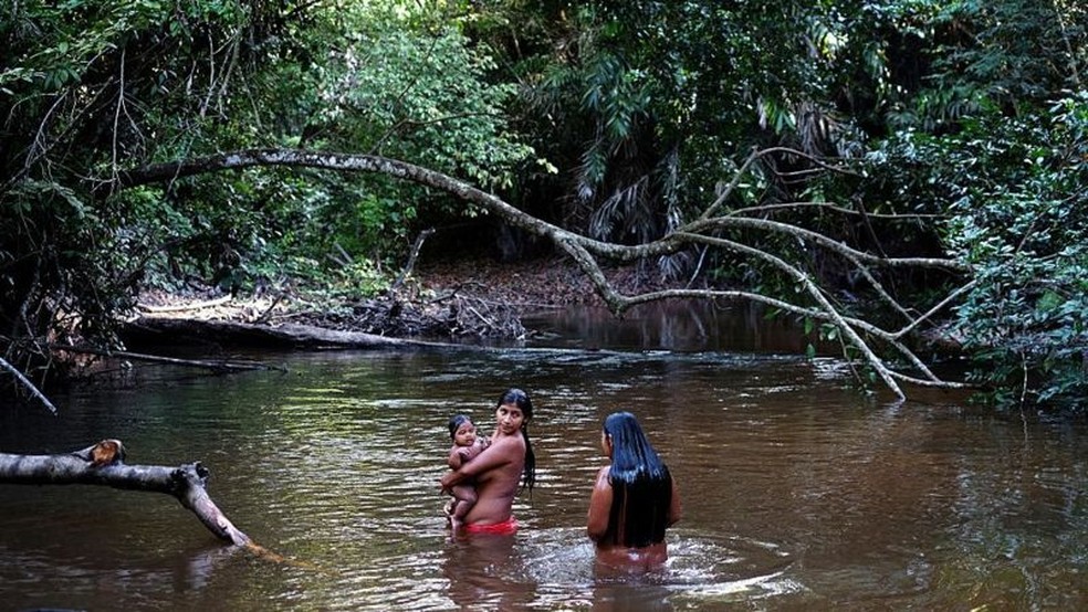 O território é parte essencial da vida do Awá Guajá - na foto, Syroli Awá toma banho com seu filho Wy no território Awá no Maranhão — Foto: Getty Images via BBC