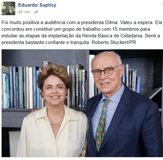 Foto de Dilma e Suplicy publicada na página do ex-senador no Facebook (Foto: Reprodução/Facebook)