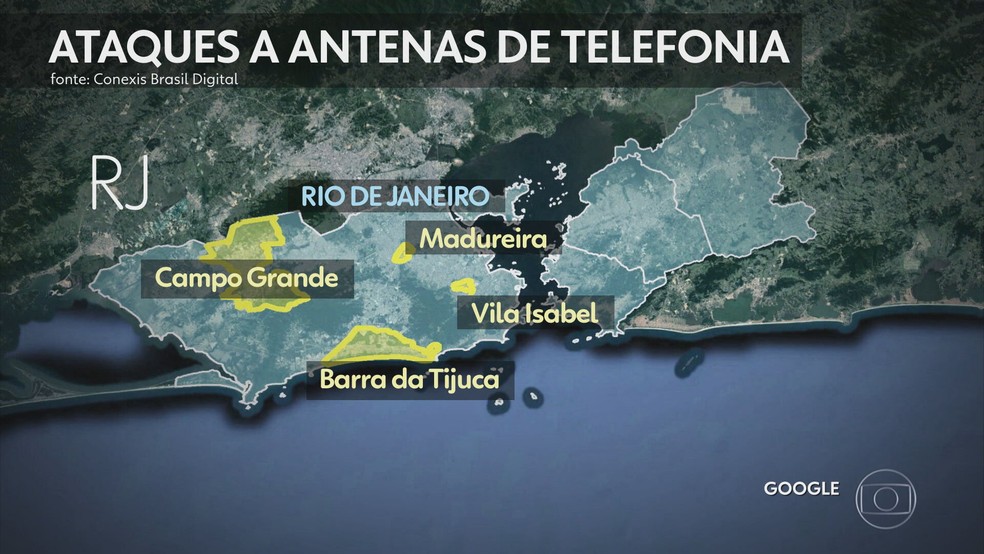 Mapa mostra áreas afetadas por sequestro de antenas de telefonia e internet na cidade do Rio — Foto: Reprodução/Jornal Nacional