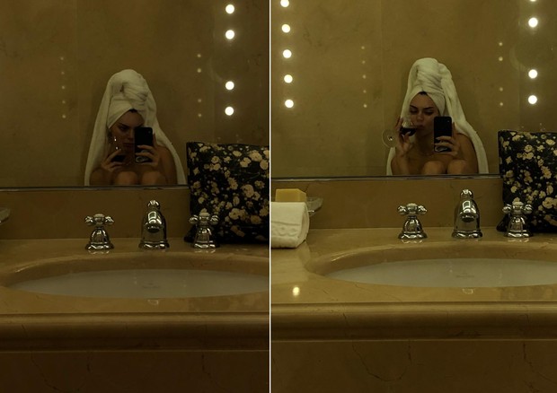 Kendall Jenner faz a linha sexy com taça de vinho no banheiro (Foto: Reprodução/Instagram)