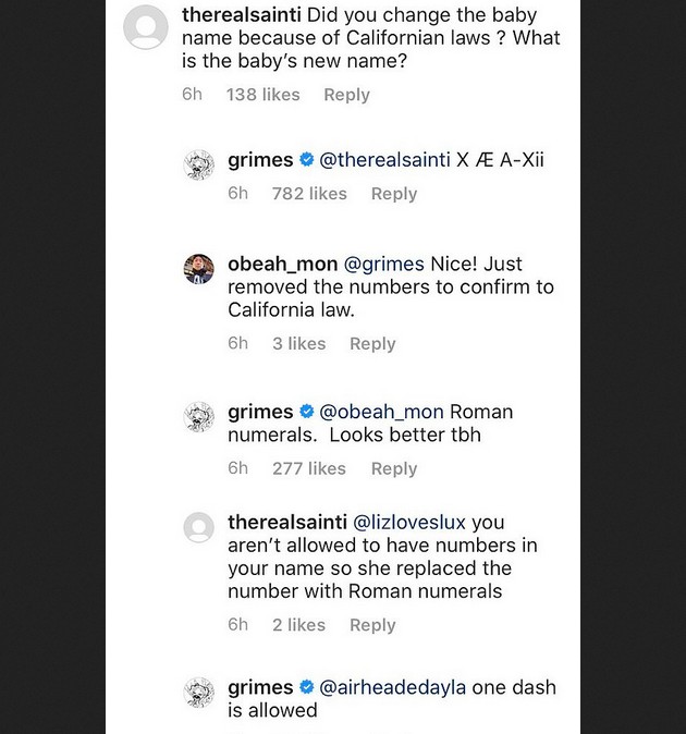 A cantora Grimes explicando para os fãs a mudança no nome do filho (Foto: Instagram)