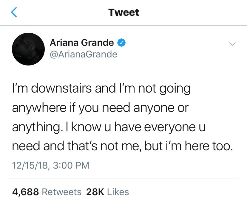 A mensagem de Ariana Grande direcionada ao ex-noivo após ele fazer declarações com teor suicida (Foto: Twitter)