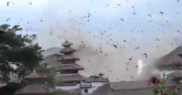 Imagem feita por casal de turistas de topo de prédio mostra revoada de pássaros e nuvens de poeira durante tremor (Foto: Reprodução / YouTube)