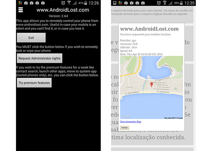 Aplicativo Android Lost permite acessar mapa com a localização do smart (Foto: Reprodução/Barbara Mannara)