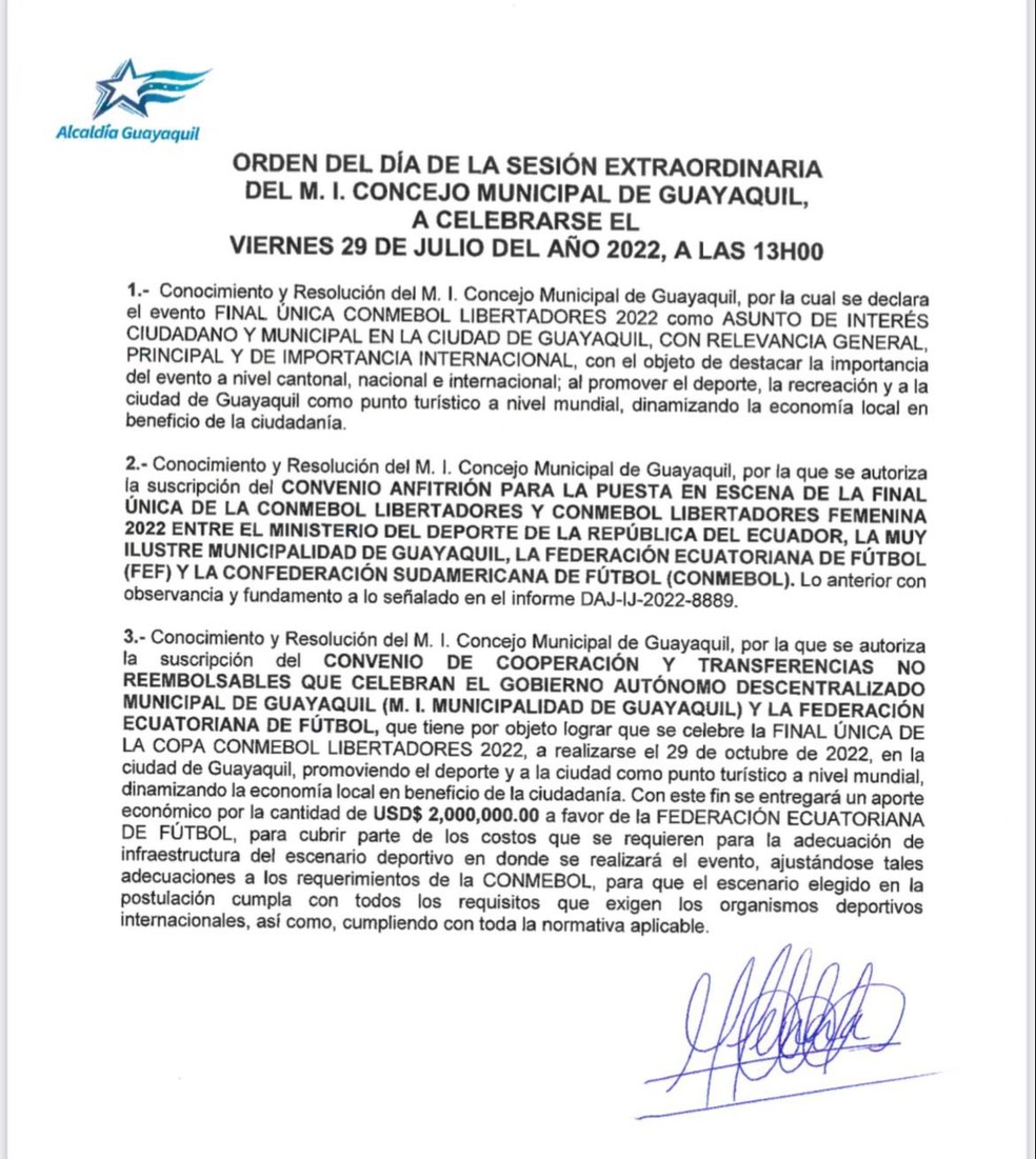 Documento da C&acirc;mara Municipal de Guayaquil &mdash; Foto: Reprodu&ccedil;&atilde;o