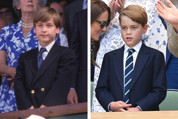 O príncipe William, aos 9 anos, na final de Wimbledon, em 1991; seu filho George, na decisão do torneio no domingo (Foto: Getty Images)