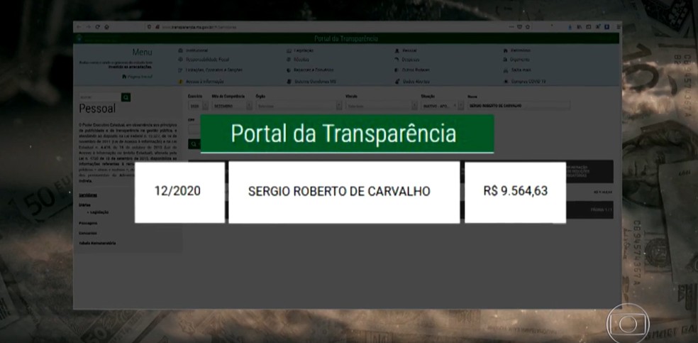 Portal da Transparência mostra pagamento de mais de R$ 9 mil de aposentadoria ao ex-major em dezembro do ano passado — Foto: TV Globo/Reprodução