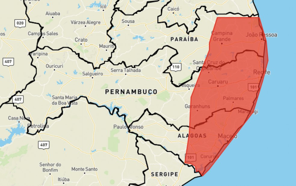 Parte de Pernambuco e do litoral do Nordeste têm alerta de alto perigo por chuva acumulada até domingo (29), segundo o Inmet. — Foto: Reprodução/Inmet