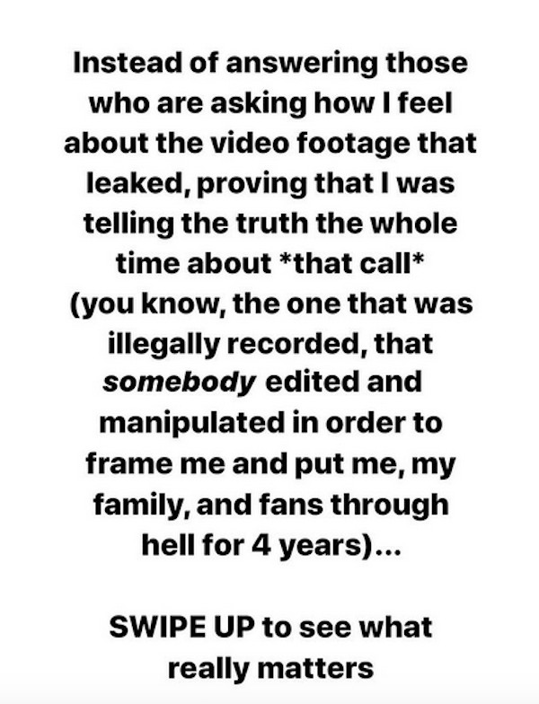 O post de Taylor Swift no Instagram tratando do vazamento do vídeo que comprova seu argumento de que Kanye West mentiu sobre a letra da canção Famous (Foto: Instagram)
