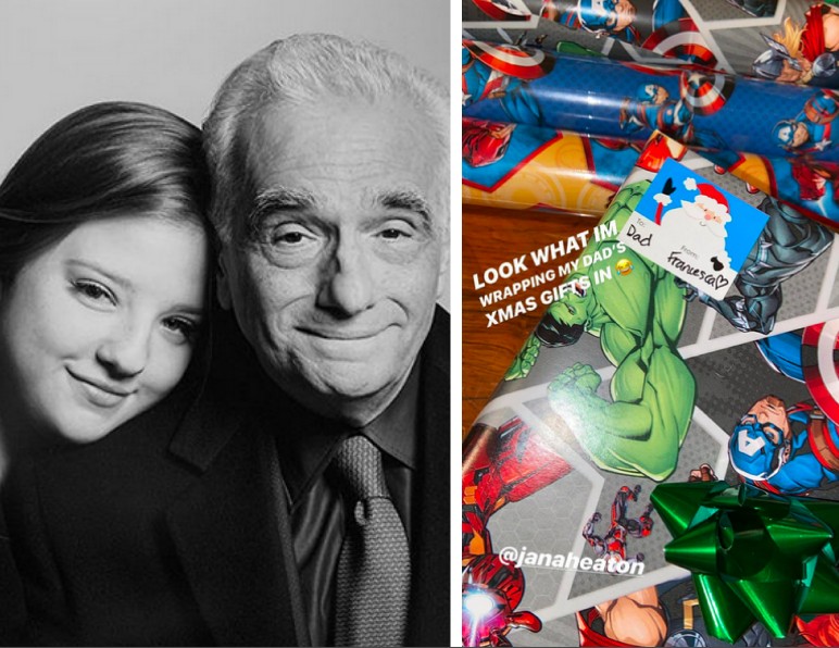 O cineasta Martin Scorsese com a filha, Francesa Scorsese, e os embrulhos de presente da Marvel  (Foto: Instagram)