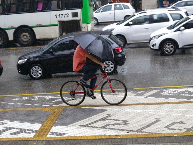 De bicicleta, homem usa um guarda-chuva para se proteger enquanto pedala por uma calçada na região central de São Paulo (Foto: Newton Meneses/Futura Press/Estadão Conteúdo) De bicicleta, homem usa um guarda-chuva para se proteger enquanto pedala por uma calçada na região central de São Paulo (Foto: Newton Meneses/Futura Press/Estadão Conteúdo)