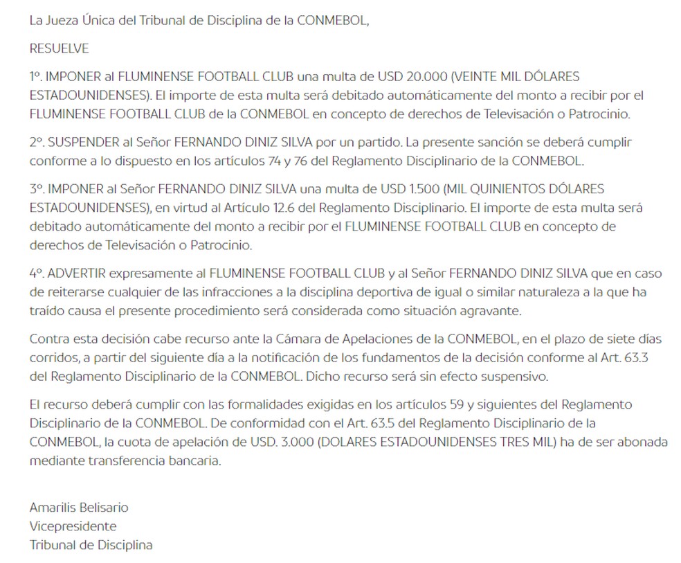 A íntegra da punição ao Fluminense — Foto: Reprodução