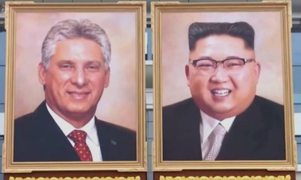 Retratos oficiais de Miguel Díaz-Canel, líder de Cuba, e de Kim Jong-un, da Coreia do Norte  — Foto: KCTV