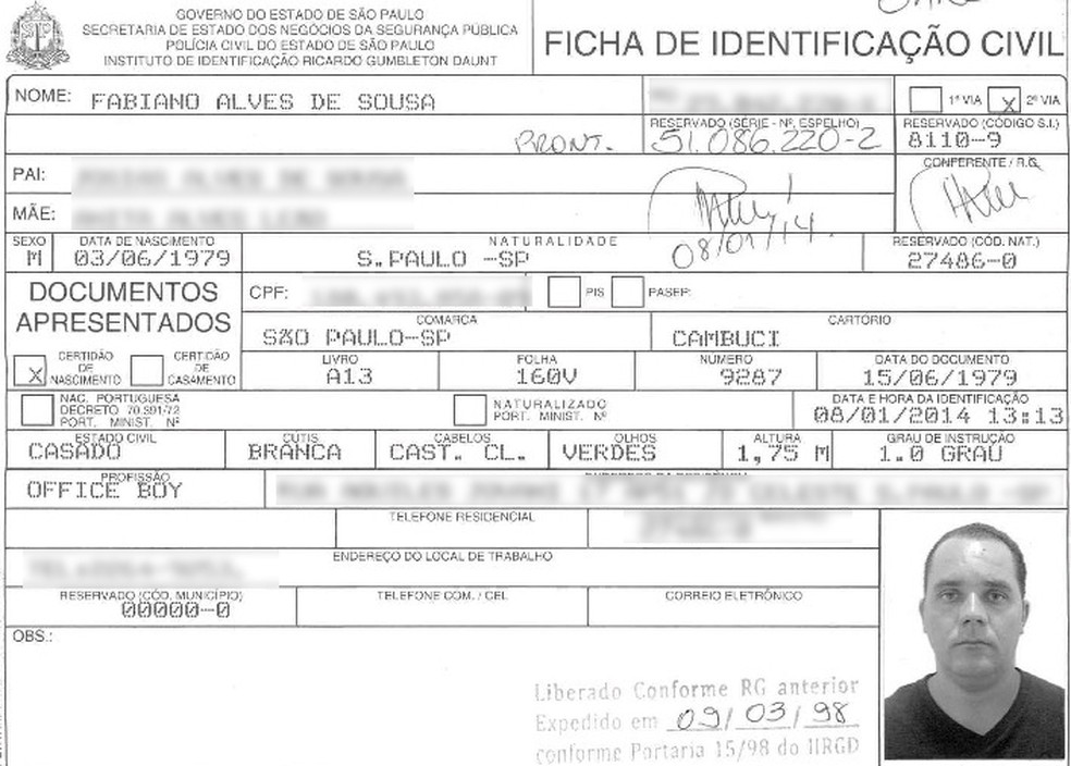 Ficha de identificação civil de Paca (Foto: Reprodução)