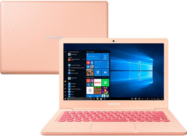 Notebook Samsung Flash F30, com acabamento texturizado rosa, ideal para quem busca produtos com visual diferente e sofisticado. Custa R$ 2.798, no Shoptime (Foto: Reprodução / Shoptime)