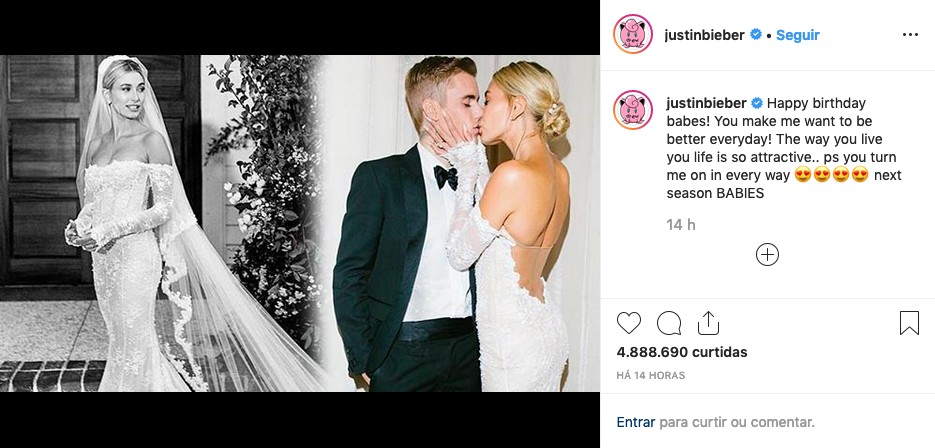 O post compartilhado por Justin Bieber parabenizando a esposa, Hailey Baldwin, e prometendo filhos em um futuro próximo (Foto: Instagram)