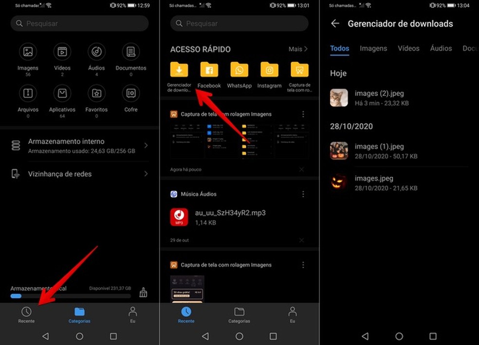 Acessando arquivos baixados no "Gerenciador de downloads" do Android em celulares Huawei — Foto: Reprodução/TechTudo