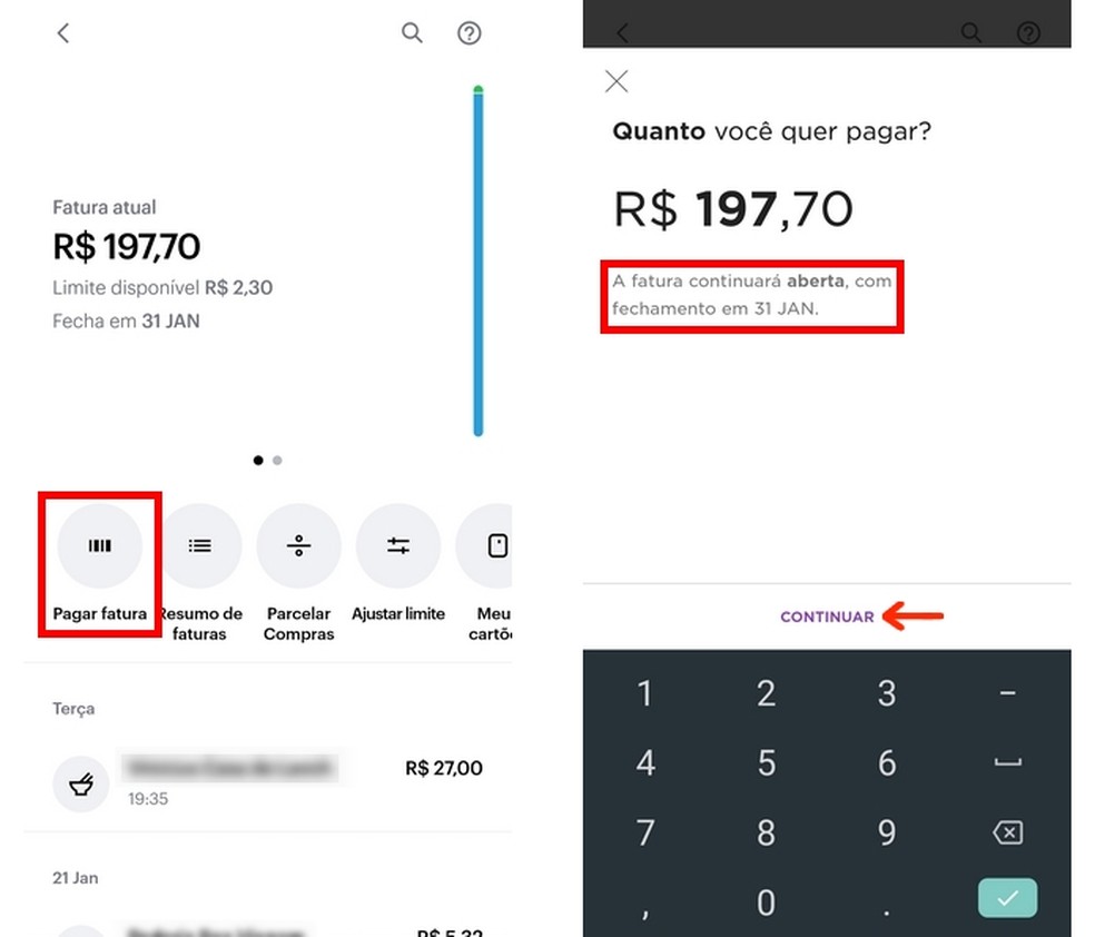 Op&ccedil;&atilde;o para pagamento antecipado de fatura do cart&atilde;o de cr&eacute;dito Nubank &mdash; Foto: Reprodu&ccedil;&atilde;o/Raquel Freire