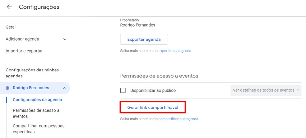 É possível compartilhar agenda do Google gerando um link de convite — Foto: Reprodução/Rodrigo Fernandes