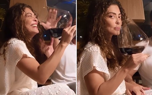 Juliana Paes comemora aniversário do marido e taça gigante rouba a cena