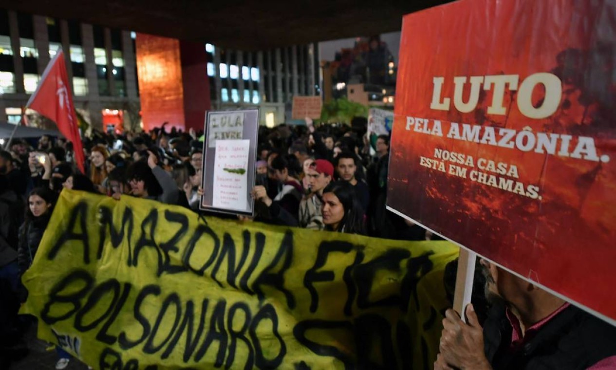 Manifestação, em São Paulo, contra queimadas e desmatamento na Amazônia, que motivaram protestos em diversos países do mundo  — Foto: NELSON ALMEIDA / AFP / 23/08/2019