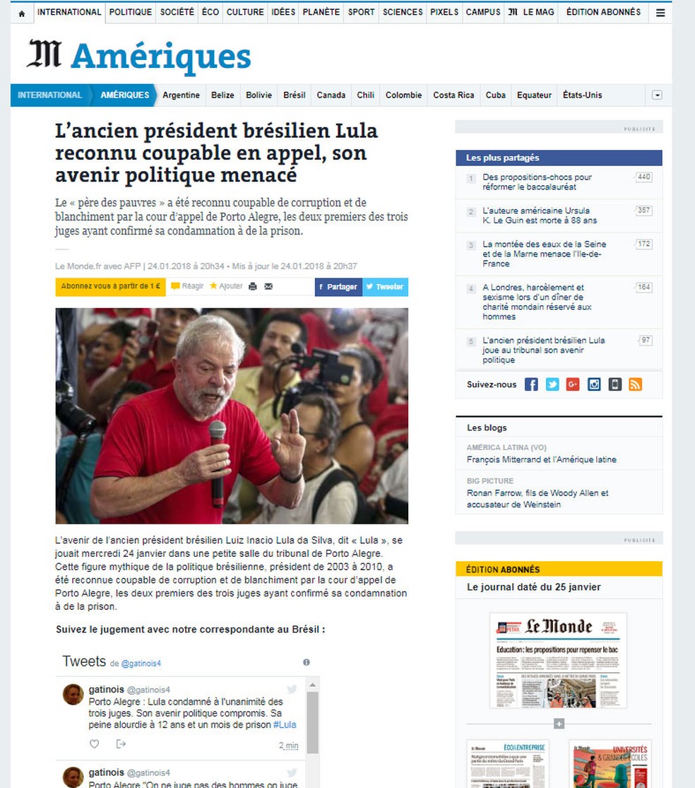 Jornal francês 'Le Monde' noticia decisão sobre recurso de Lula nesta quarta-feira (24)  no TRF-4 (Foto: Reprodução/ Le Monde)