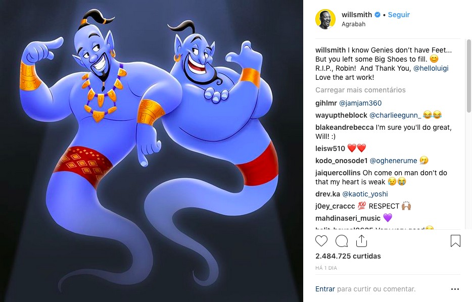 A homenagem compartilhada pelo ator Will Smith ao colega Robin Williams (1951-2014) em referência ao personagem Gênio, interpretado pelos dois no cinema (Foto: Instagram)