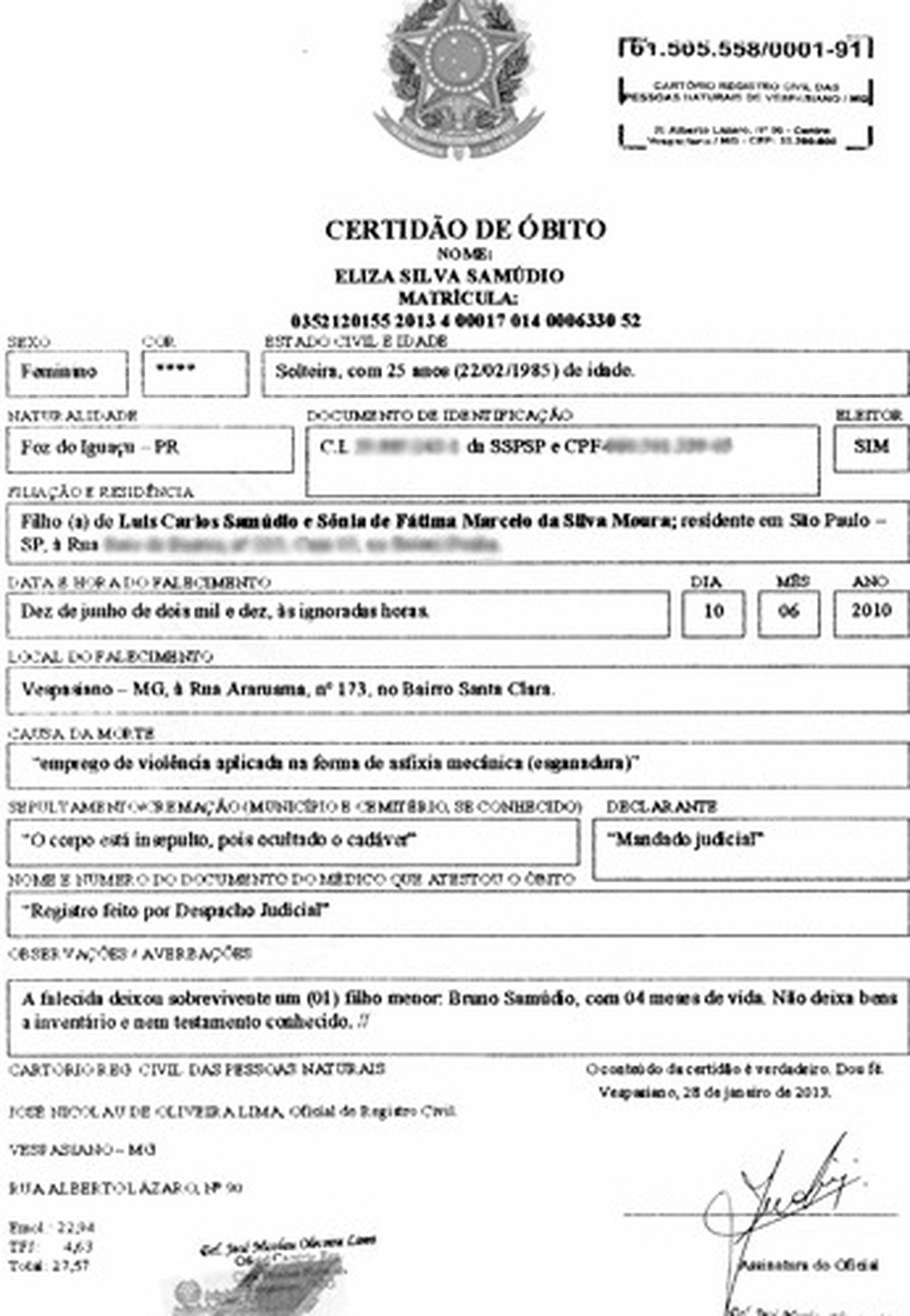 Certidão de óbito de Eliza Samudio — Foto: Reprodução