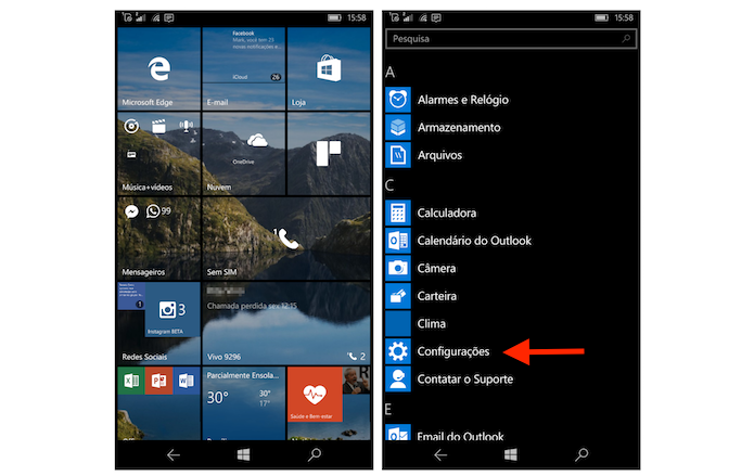 Acessando as configurações do Windows 10 Mobile (Foto: Reprodução/Marvin Costa)